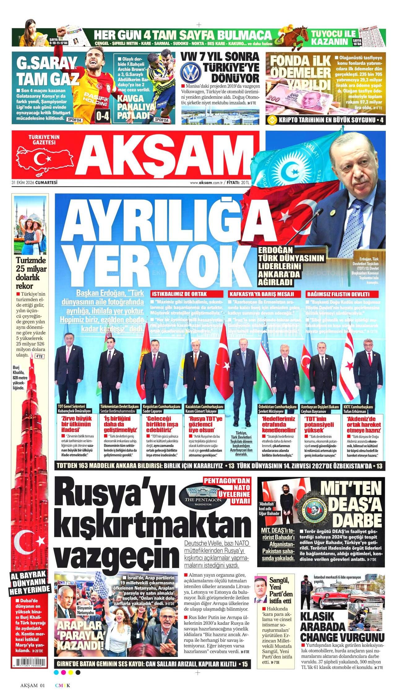 Akşam Gazetesi Gazete Manşeti