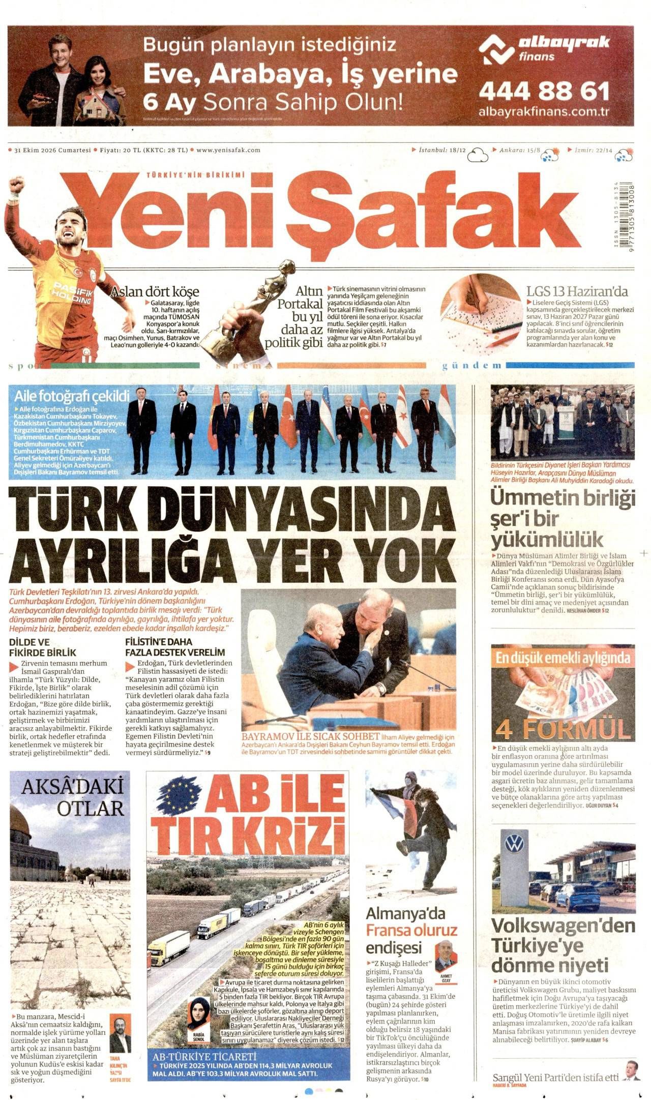 Yeni Şafak Gazetesi Gazete Manşeti