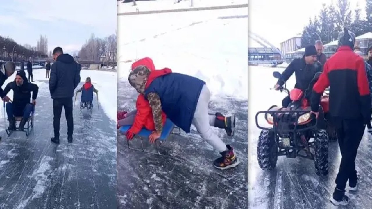 Bayburtlular buz tutan nehrin üzerinde kızak keyfi yaptı